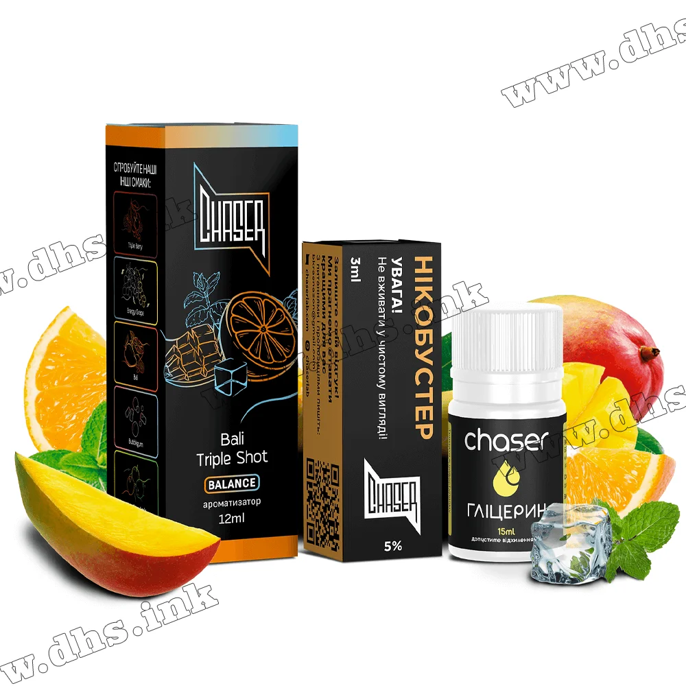 Набір для самозамісу Chaser Black Salt 30 мл (50 мг) - Bali Triple Shot (Апельсин, Манго, Маракуйя, Лід, М'ята, Ментол)