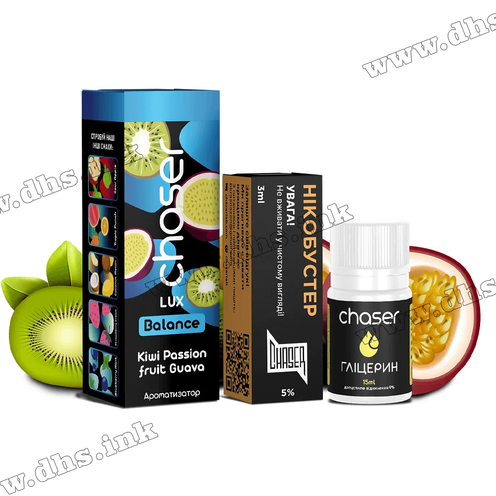 Набір для самозамісу Chaser Lux Salt 30 мл (50 мг) - Kiwi Passion Fruit Guava (Ківі, Маракуйя, Гуава) Набір для самозамісу Chaser Lux Salt 30 мл (50 мг) - Kiwi Passion Fruit Guava (Ківі, Маракуйя, Гуава)